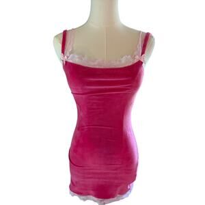 Y2K Pink Velvet Lace Trim Mini Slip Dress Shirt  Small Lace Girly Barbie Bodycon